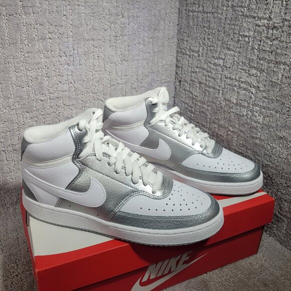 Nike Court Vision Mid White Metallic Silver Athletic Shoes Women's Size 8.5,9,10 - Picture 1 of 11